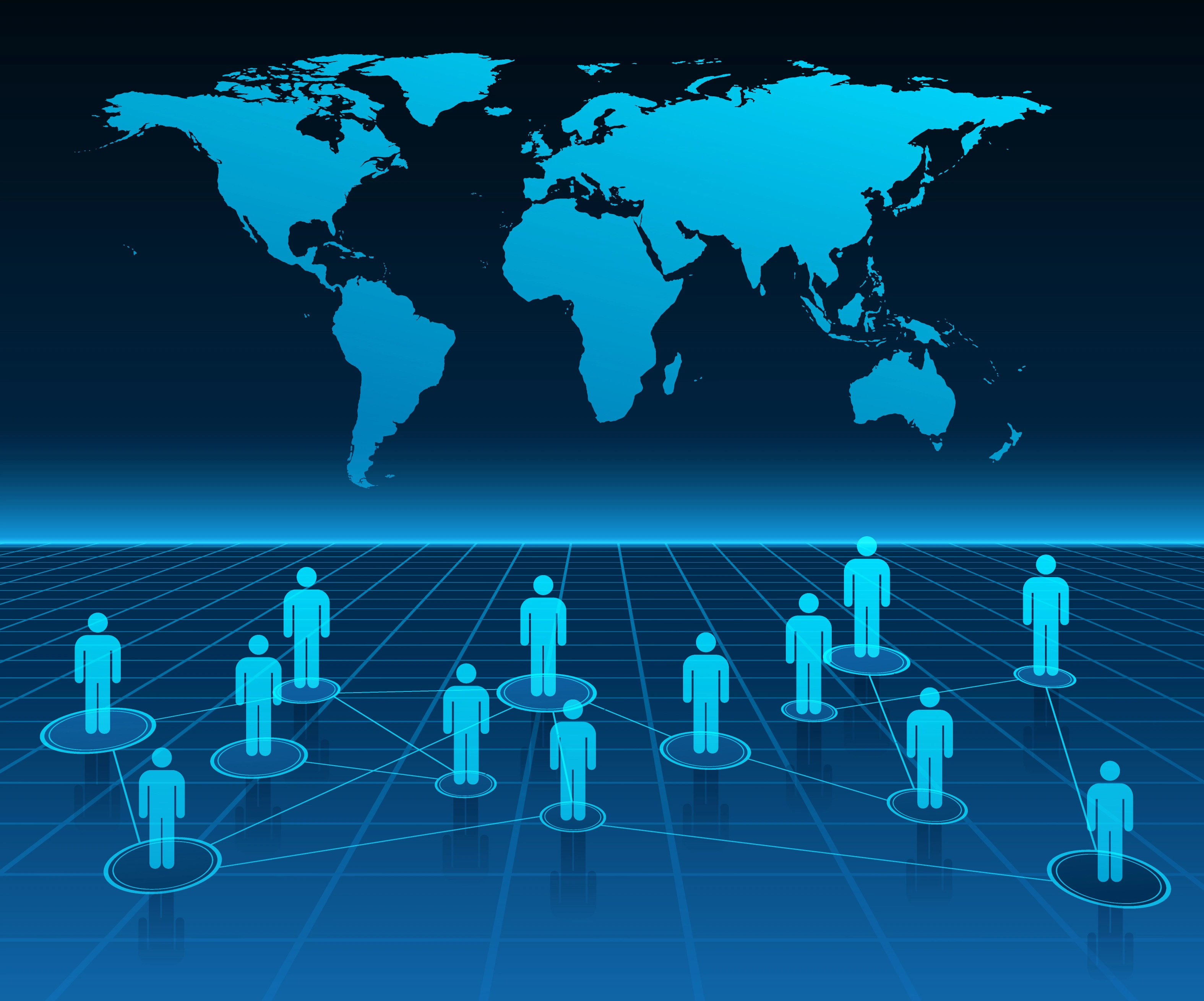 Digital network connecting people globally with a world map background.