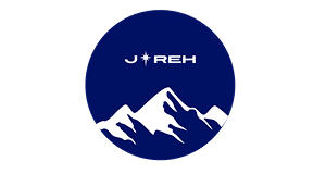 Logo with mountain peaks and stylized text on dark blue background.