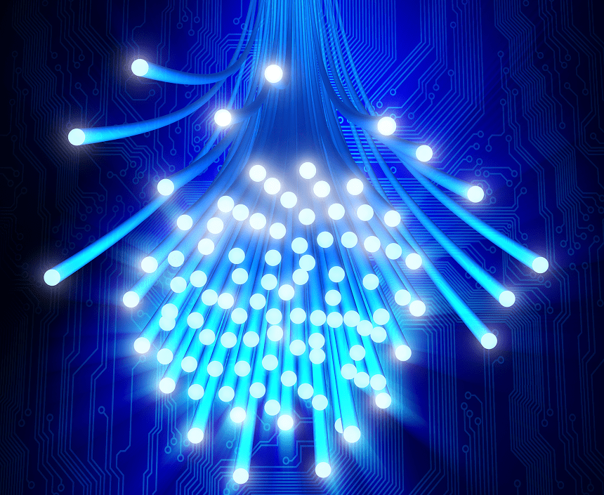 Glowing blue fiber optic strands illuminated against a dark background.