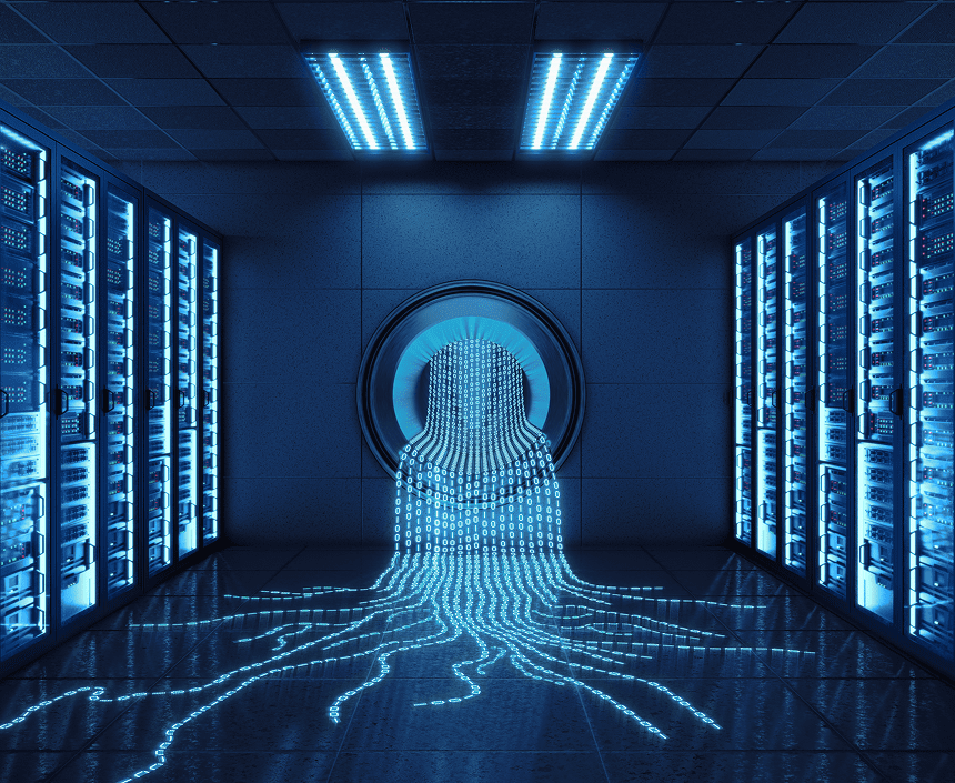 Digital data streams flowing through a futuristic server room.