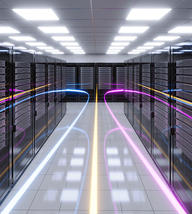 Data center with glowing neon data streams flowing through server racks.